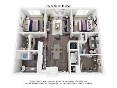 The Queen | Glenn Perimeter A 3D floor plan of a small apartment with a kitchen, living room, and two bedrooms.